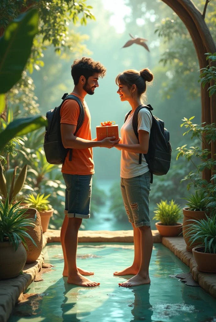 England girl and Indian boy couple gift them friend bare foot on the glass in the zoo