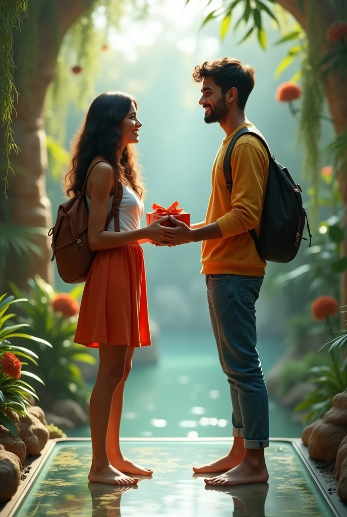 England girl and Indian boy couple gift them friend bare foot on the glass in the zoo