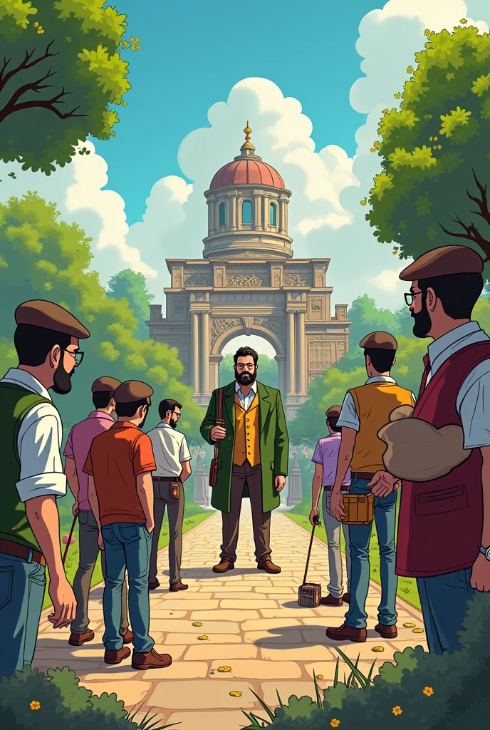 Let's create a cartoon about a historical park of Bulgaria, where the boss has an obsession with grandeur, and his subordinates are ready to die for him, no matter if he manipulates them financially