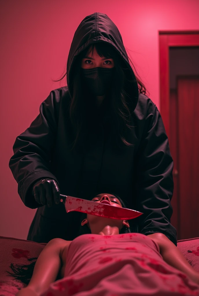 korean girl, (behind stiff, holding knife), stabbing, leather balaclava mask, black gloves, black raincoat, bloody knife, black gloves, woman on top, behind cadaver, blood splatter, on the bed, looking at viewer, mass murderer, killer, blood splatter, dark atmosphere, cinematic lighting, atmospheric realistic, [pink room:0.5]
