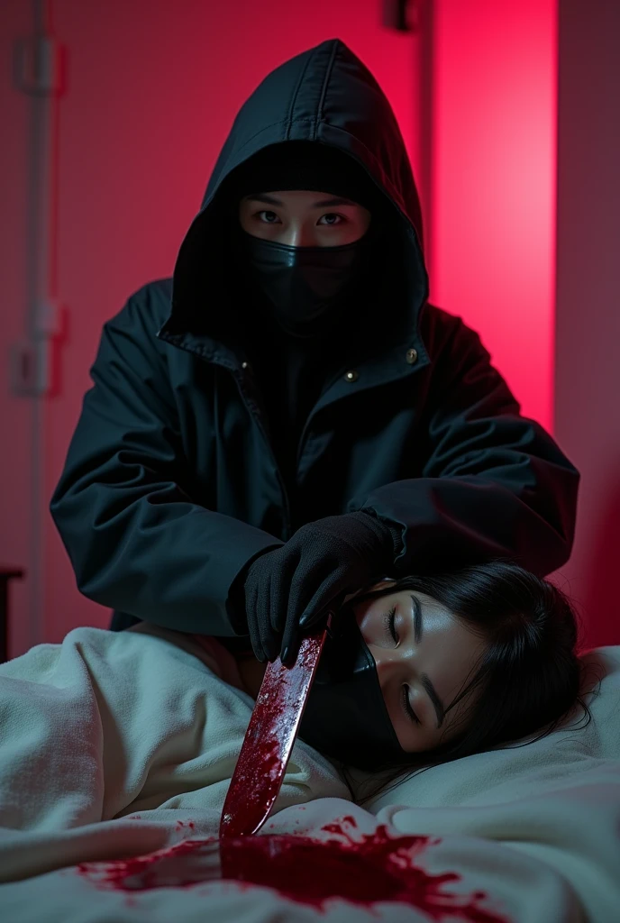 korean girl, (behind stiff, holding knife), stabbing, leather balaclava mask, black gloves, black raincoat, bloody knife, black gloves, woman on top, behind cadaver, blood splatter, on the bed, looking at viewer, mass murderer, killer, blood splatter, dark atmosphere, cinematic lighting, atmospheric realistic, [pink room:0.5]
