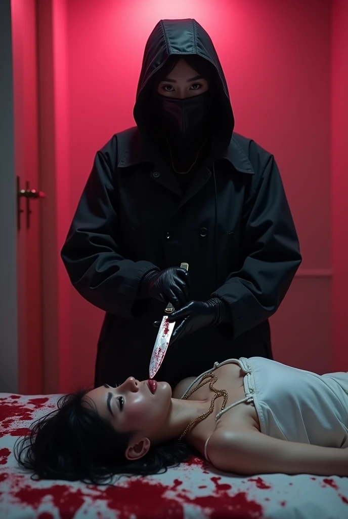 korean girl, (behind stiff, holding knife), stabbing, leather balaclava mask, black gloves, black raincoat, bloody knife, black gloves, woman on top, behind cadaver, blood splatter, on the bed, looking at viewer, mass murderer, killer, blood splatter, dark atmosphere, cinematic lighting, atmospheric realistic, [pink room:0.5]
