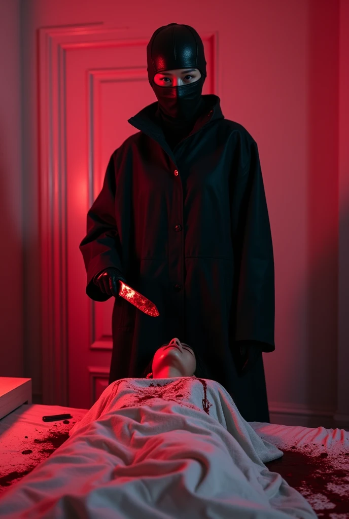 korean girl, (behind stiff, holding knife), leather balaclava mask, black leather gloves, bath room, black raincoat, hood up, holding knife, leather gloves, woman on top, behind cadaver, looking at viewer, blood splatter, night, mass murderer, killer, short hair, blood splatter, dark atmosphere, cinematic lighting, atmospheric realistic, neon lighting, tripod and camera in the back, shooting with camera
