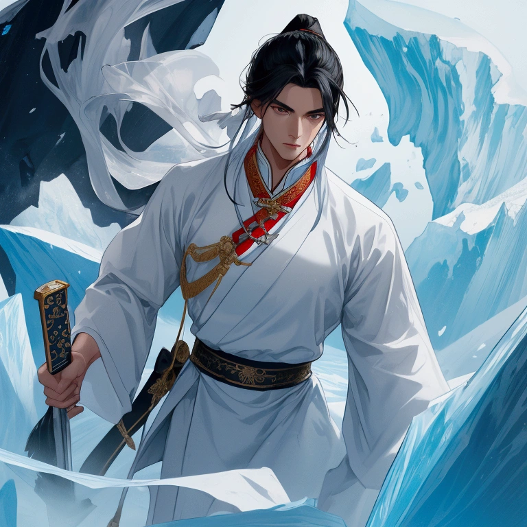 Handsome black-haired male general holding a large sword in white ancient Chinese general costume, walking In the middle of a blue iceberg ,the surrounding area is icebergs, close up.