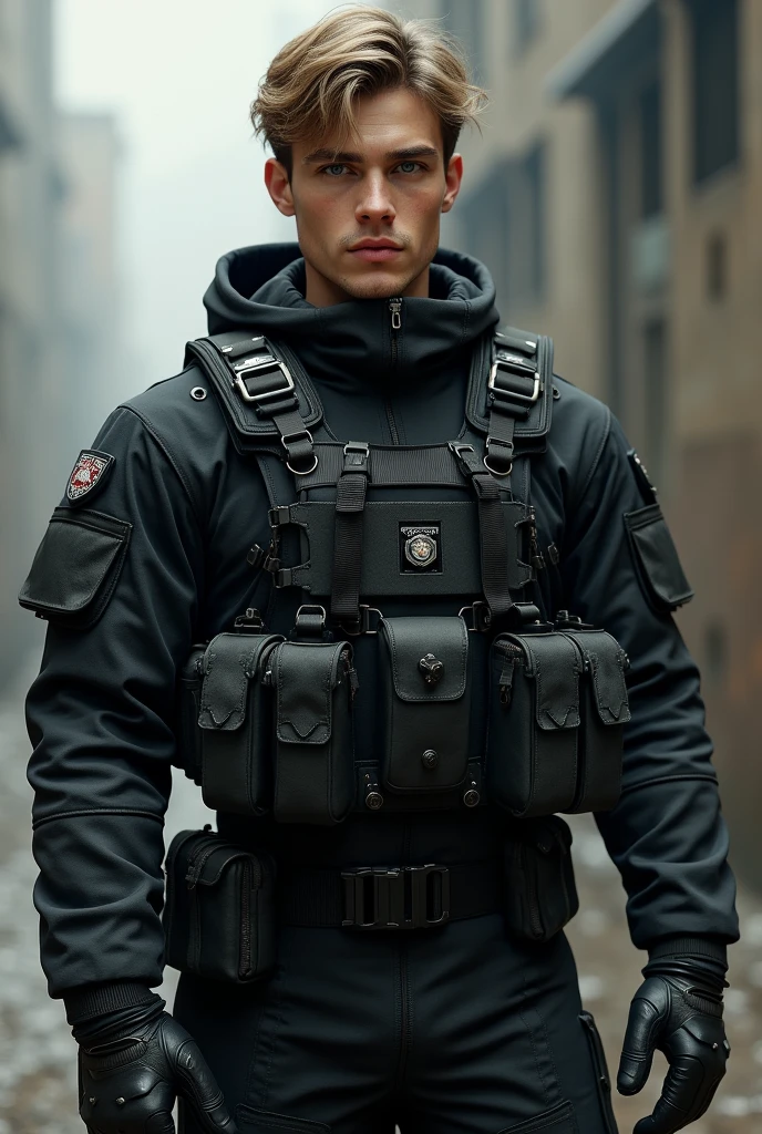 Create a realistic man alone,  2, clear skin, Honey eyes, Light brown hair, muscular, delgado, innocent face, dressed in a well-equipped black combat suit 
