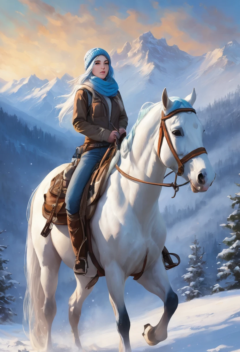 (Masterpiece, best quality:1.3), 1girl, (cowboy shot), light blue hair, long hair, winter cap, back pack, standing with a white horse, setting up the lead rope, snow background, snow mountains, snow fall