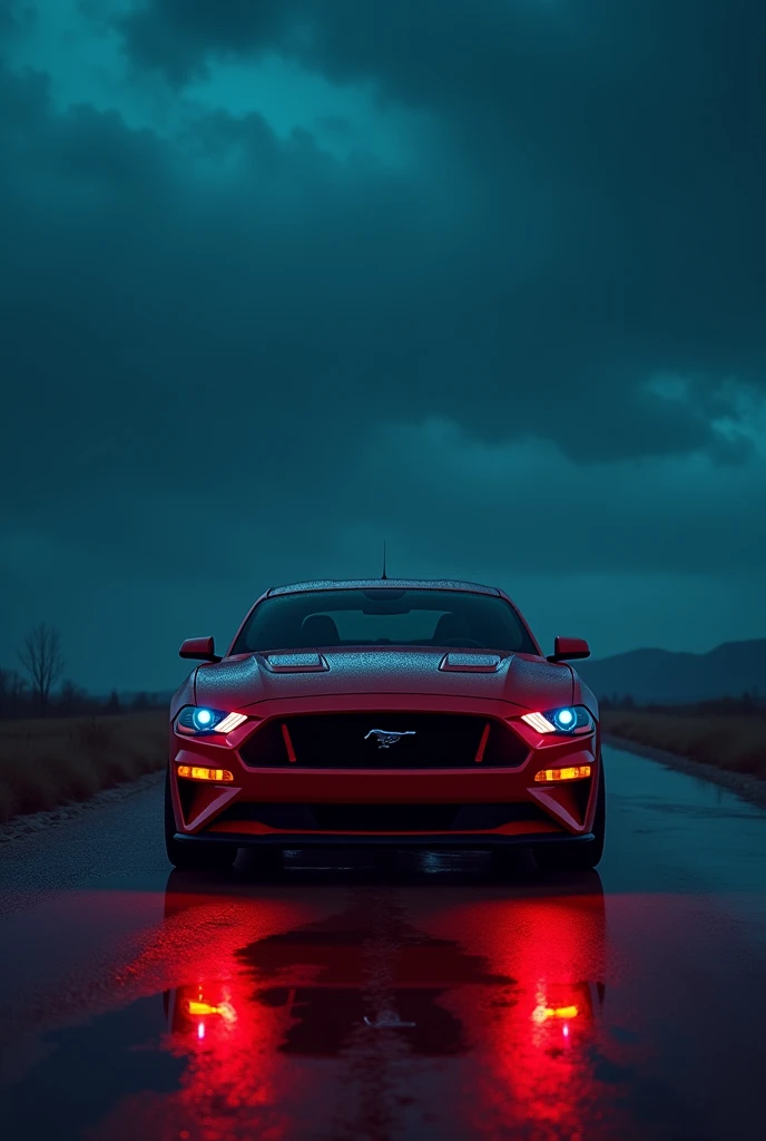 Mustang GT with red light in scary open night sky with blue headlight with scary man trap car in hand