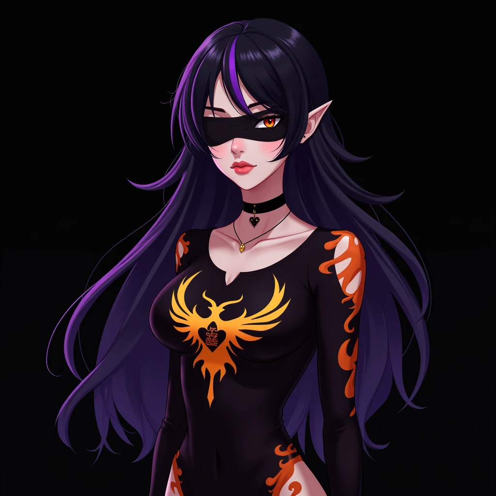 A stylized female character with long black hair and a purple highlight, wearing a blindfold. She has a choker with a heart pendant and a fitted top featuring a fiery design and a logo resembling a bird. The background is solid black, emphasizing her striking appearance and bold color scheme.