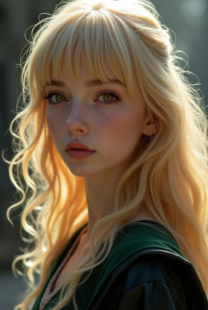 A girl extremely beautyfull her face(heart shaped delicate and extremely beautyfull , round eyes with long lashes in a ambar color, her lips in a pink shade a clean and pale skin ) her hair (long on the waist and blonde she have bangs and in the final of her hair some soft curls ) shes elegante and delicated the most feminine possible...she is a witch from Hogwarts her house its Ravenclaw.