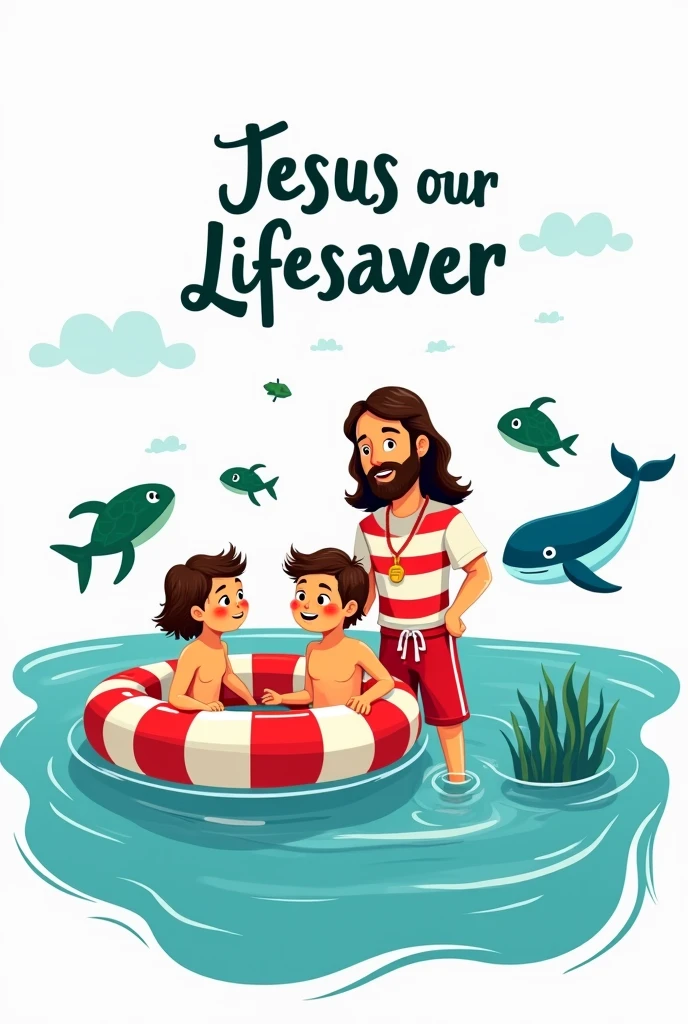 Make the cartoon art I want Jesus dressed as a lifeguard in the sea, with 2 children on a float.
Place turtles, fish and whale I want a white background Put the phrases : Jesus our lifesaver