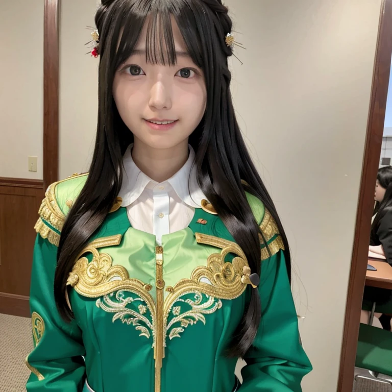 One person, Long Hair, High resolution, masterpiece, Accurate, Anatomically correct, 最High quality, detailed, High detailed, High resolutionモデル, High quality, quality, smile、One person, blush, School、classroom、uniform、Long Hair, Large Breasts, Wide-angle shot, Headpiece, far and near method