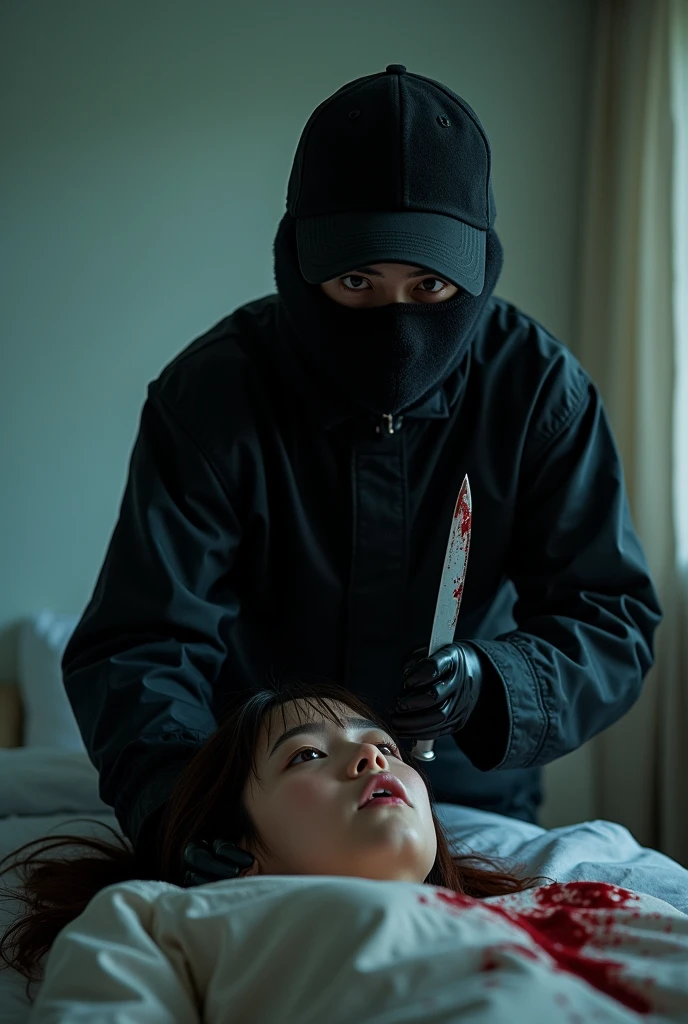 korean girl, (behind stiff, holding knife), stabbing, black balaclava mask, black gloves, girl's room, black raincoat, trucker hat, bloody knife, black gloves, woman on top, behind cadaver, blood splatter, on the bed, looking at viewer, mass murderer, killer, blood splatter, dark atmosphere, cinematic lighting, atmospheric realistic, light from the window, close-up,