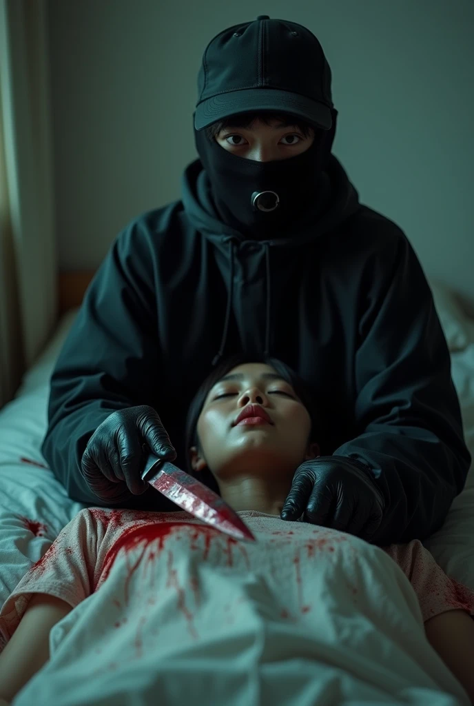 korean girl, (behind stiff, holding knife), stabbing, black balaclava mask, black gloves, girl's room, black raincoat, trucker hat, bloody knife, black gloves, woman on top, behind cadaver, blood splatter, on the bed, looking at viewer, mass murderer, killer, blood splatter, dark atmosphere, cinematic lighting, atmospheric realistic, light from the window, close-up,
