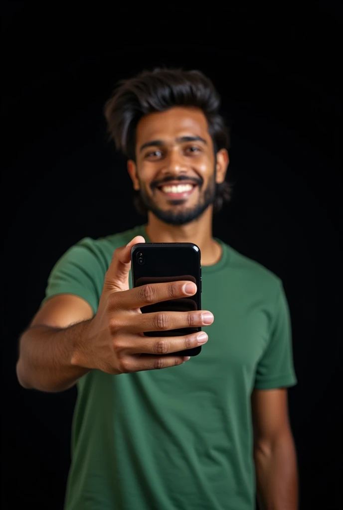 The image shows a young Indian man with long top short sides hair style, smiling and holding up a smartphone and showing mobile screen towards front. He is wearing a green t-shirt and appears to be happy and excited. The background is black