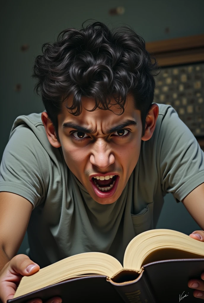 thought-provoking and symbolic image of a young man with a loudly expression.representing the hindu religion .A book lies on hand, symbolizing the education. The padded in the background. The text at the bottom, "education vs religion Trap," the man facing stret and mouth is open.