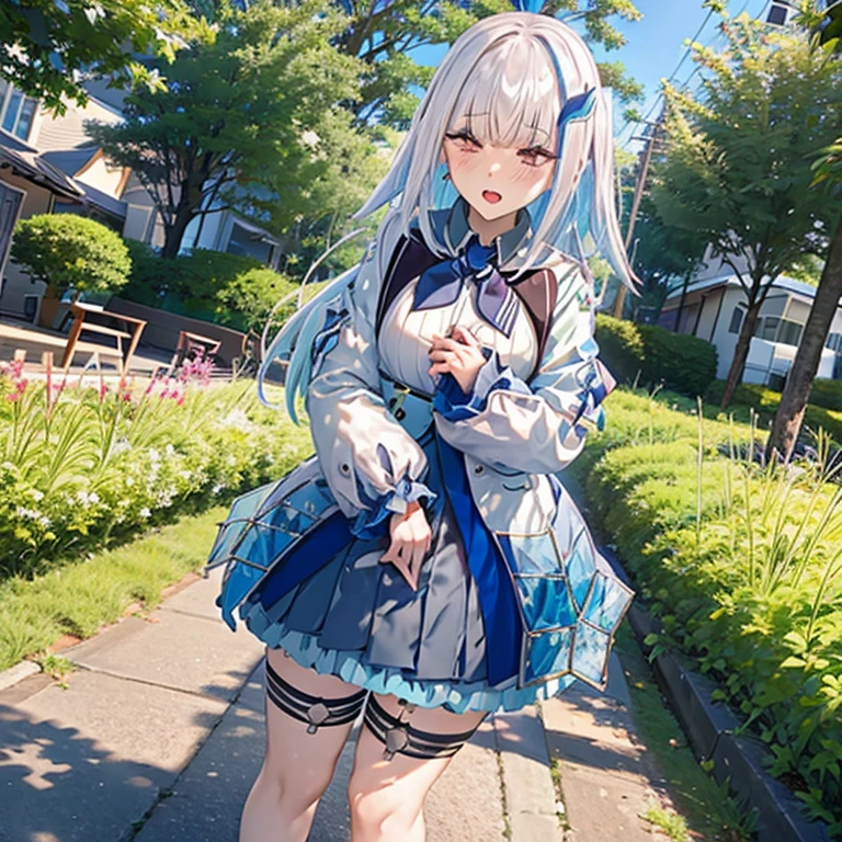 Highest quality, High resolution,(Ahegao),blush, fingering, schlick, masturbation, lh1, hair ornamnet, long hair, long sleeves, pleated skirt, blue thighhighs, 手链, frilled skirt, white jacket, white shirt, blue skirt, thigh strap,(Anatomically correct), Saliva stringing, Are standing,slouch,Inner thighs,remote_vibrating,remote_play,Anatomically correct,