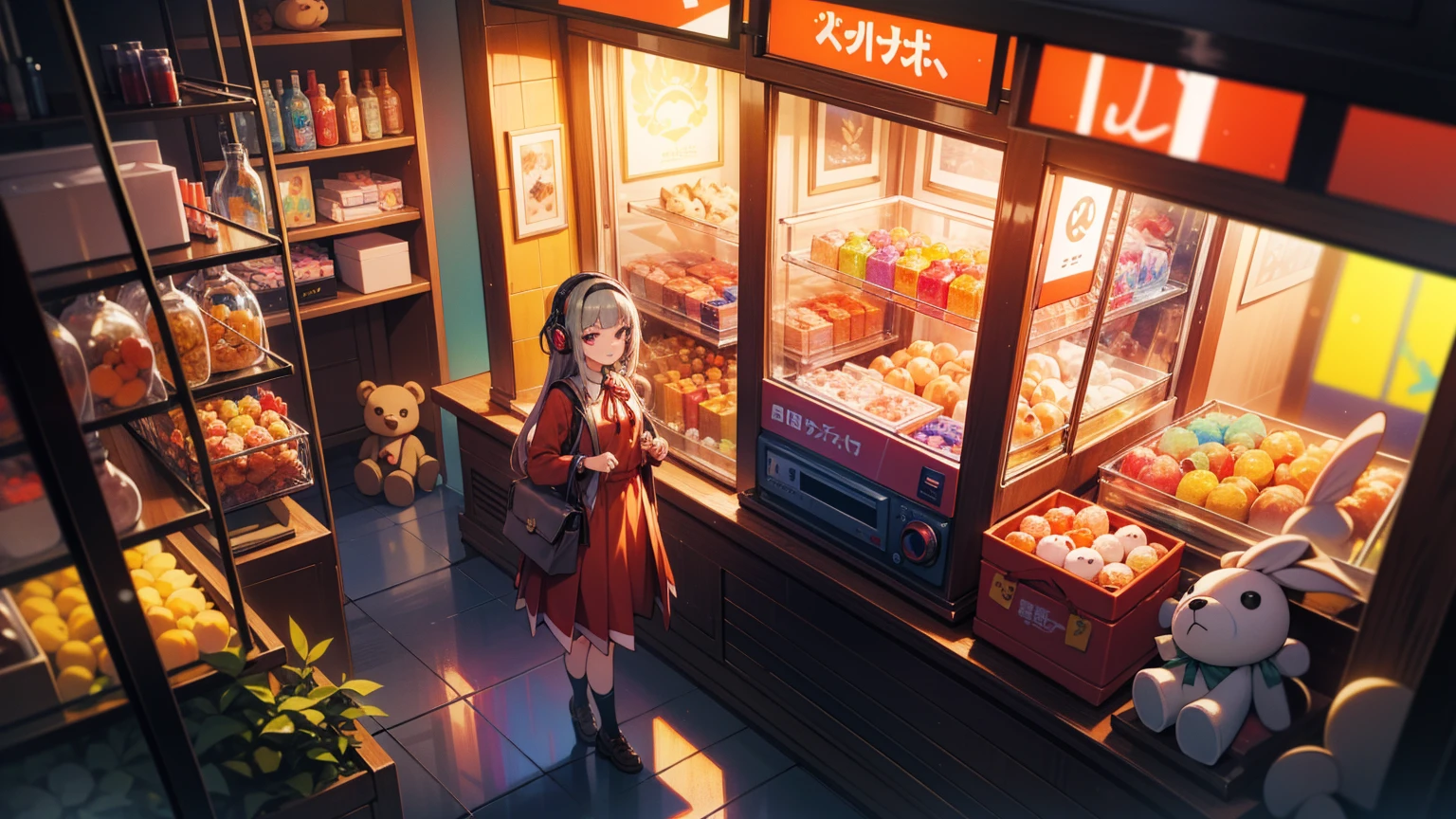 (best quality), ((masterpiece)), (highres), illustration, original, extremely detailed, (colorful:1.4), from above, solo,1girl, game cg nishikigi chisato, happy, bob cut, hair ribbon, headphones, lycoris uniform, two-tone dress, red dress, grey dress, neck ribbon, long sleeves, standing in a store with lots of stuffed animals on the shelves and a bag of stuff, depth of field, look at claw machine, teddy bear, furrowed brow, cityscape, night sky, neon signs