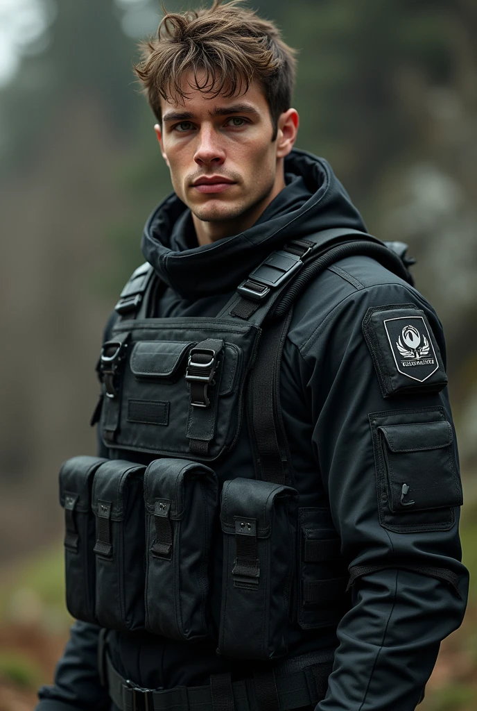 Create a realistic man alone, 2, clear skin, Honey eyes, Light brown hair, muscular, delgado, innocent face, dressed in a well-equipped black combat suit
