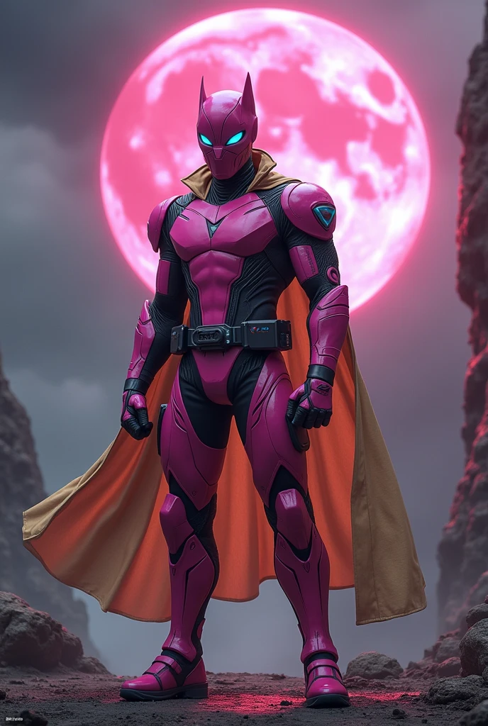 high-tech suit, vivid effects, malaysian superhero (KELUANG MAN) in a striking pink and beige costume cyberpunk design, mask small mini bat ear beige, daredevil biage mask, jumpsuit dark pink stands confidently in a dramatic, stormy landscape. ((Head covered node guard like batman , athletic body type, small mini ear bat mask))The character wears domino mask a helmet with pointed mini torn ears and a flowing cape biege, open nose and mouth. Equipped with visible futuristic weapons on a belt,bullet proof jacket pink dark day, dark night, big supermoon effect .logo on chest triangle shape small punisher logo center triangle cyber logo center on chest pink logo mini logo . rocky. Building top. , adding to --ar 3:4 --style raw --stylize 500 --v 6.1