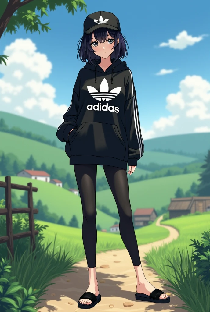 Sexy anime girl, black hair, wear black adidas slippers, black eyes, barefoot, wear black adidas cap, wear black adidas hood, wear black adidas leggings, background is farm