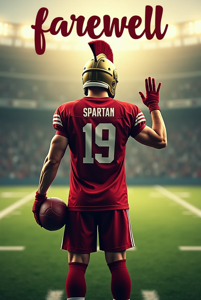 Generate Soccer farewell poster with "FAREWELL" written on top of it. A spartan turning backside in football field background with spartan helmet and football jersey with "spartan" & "19" written on its back holding ball in left hand and waving bye with his right hand.