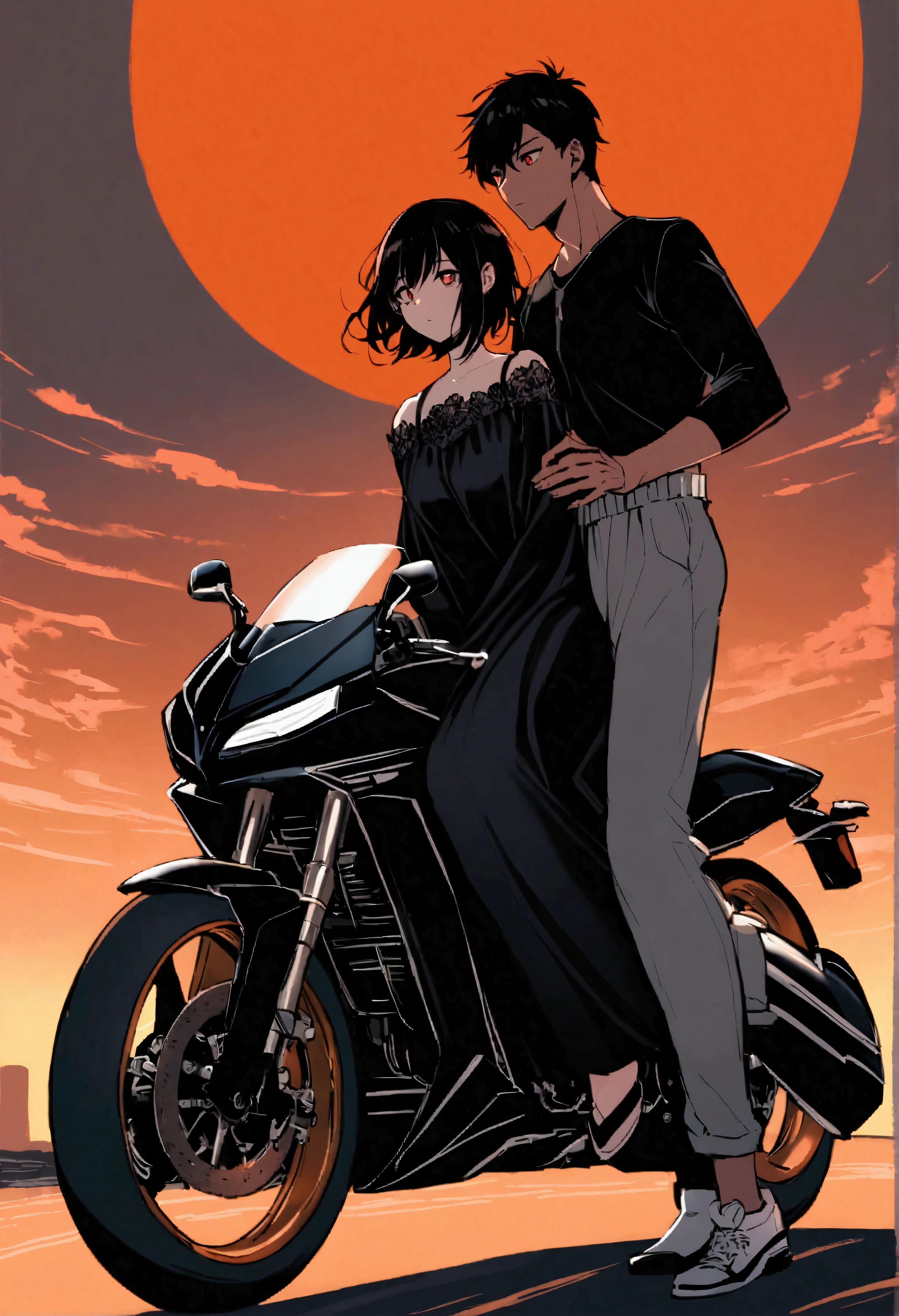 A tall, muscular man with tanned fair skin, leaning relaxed on a black Yamaha R1 motorcycle. His intense dark pink eyes are fixed on a woman in front of him., with a passionate look. He has black hair in a stylish tomboy cut., and wears a long-sleeved black blouse that highlights her trained body, along with gray sweatpants and white sneakers with black accents.
Ao fundo, the landscape reveals the silhouette of a city under the soft light of the sunset, creating a warm and enveloping contrast. The woman he is looking at has long black hair that falls softly over her shoulders., crimson red eyes that glow with intensity, and clear skin. She is dressed in an elegant short black dress adorned with red flower details., complemented by a low boot. The scene captures an intimate and emotional moment between the two., with the orange sky in the background, bringing an atmosphere of serenity and romance.