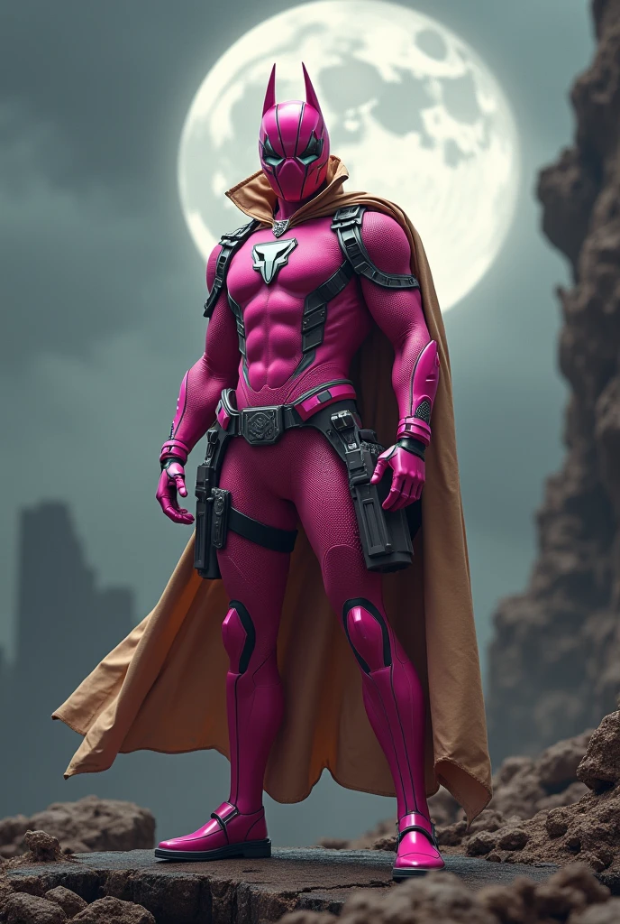 high-tech suit, vivid effects, malaysian superhero (KELUANG MAN) in a striking pink and beige costume cyberpunk design, mask small mini bat ear beige, daredevil biage mask, jumpsuit dark pink stands confidently in a dramatic, stormy landscape. ((Head covered node guard like batman , athletic body type, small mini ear bat mask))The character wears domino mask a helmet with pointed mini torn ears and a flowing cape biege, open nose and mouth. Equipped with visible futuristic weapons on a belt,bullet proof jacket pink dark day, dark night, big supermoon effect .logo on chest triangle shape small punisher logo center triangle cyber logo center on chest pink logo mini logo . rocky. Building top. , adding to --ar 3:4 --style raw --stylize 500 --v 6.1