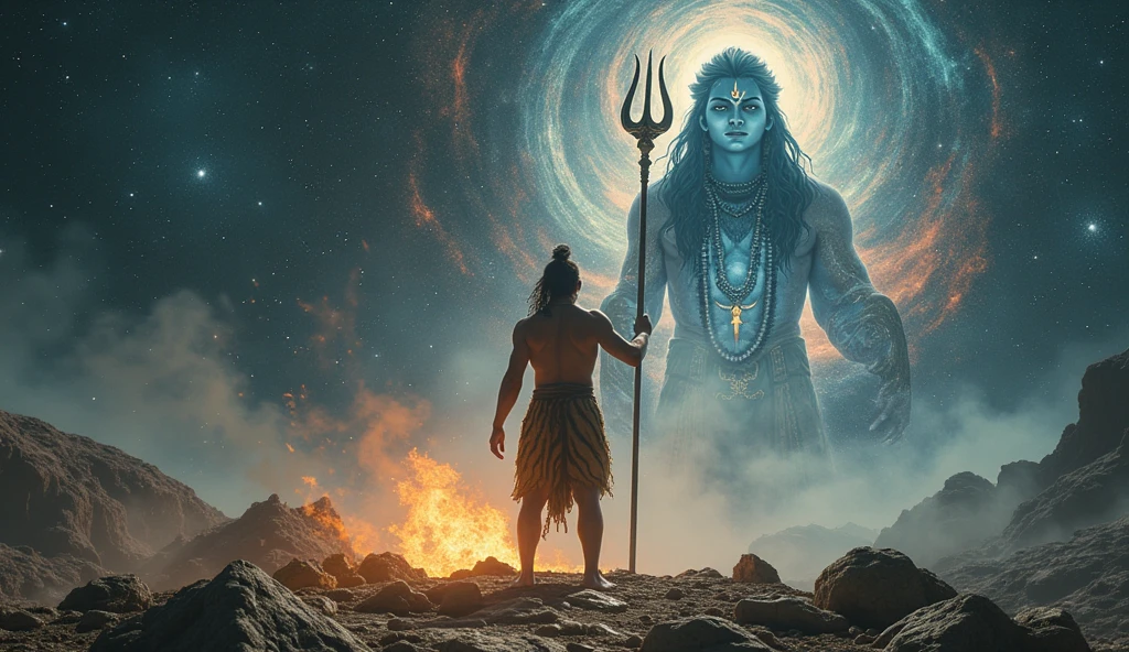 Create image of man that man is in space and standing at rough land in space and space filled with stars and from that starts make a lord shiva is with rudraksh mala wearing in neck and also snake structure in space, that man right hand is taking fire from land having bone fire and that man left hand hold a trishul weapon and he wear a tiger skin from middle of the body to down of legs and in that image small particles like water,fire,air,dust and that man view is back of the body and lord shiva face should be visible from front view
and make a image the view is clear and image should be 9x16 size