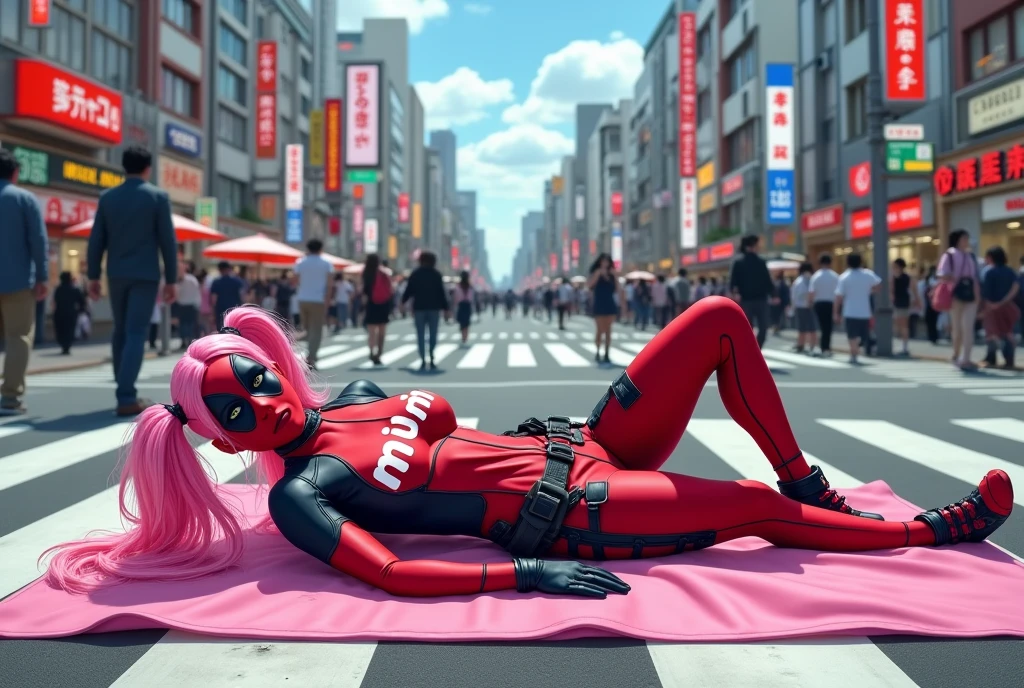 ((Highest quality)), ((masterpiece)), (detailed), (Japanese middle-aged woman), (Deadpool costume and makeup:1.5), (White letters on the chest「mu-mi」it is written like this:2), Deadpool woman with pink hair and twin tails、Lying on a pink bath mat at Tokyo's Scramble Crossing、Surrounded by passers-by。