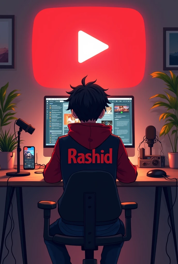 create a image of a 18 years anime boy sitting in front of a computer desk with a microphone and laptop wearing red and black hoodie with the channel name on it rashid tha background includes a large youtube logo on tha wall potted plants on either side and various recording equipment