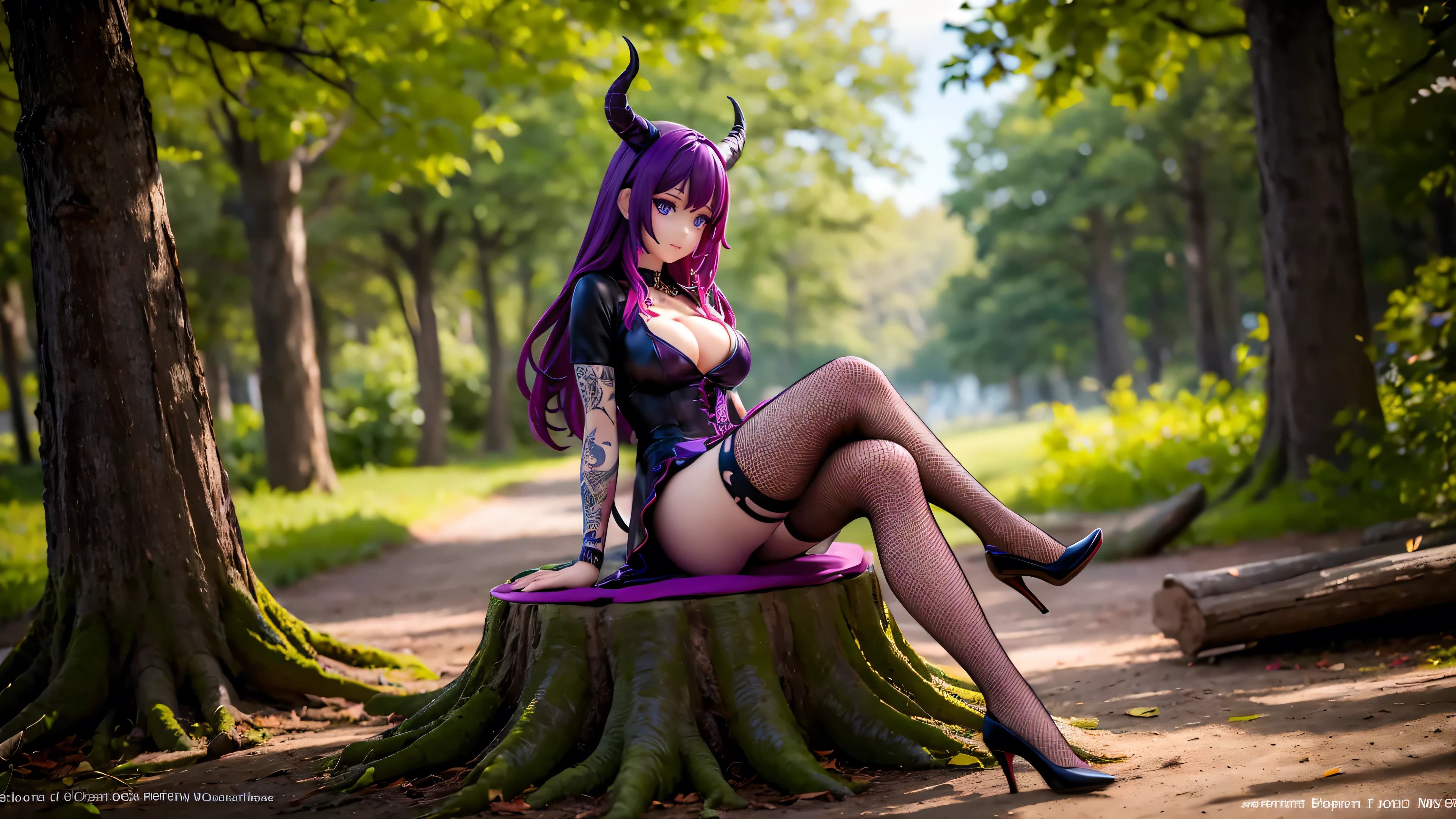 a woman painted in a cartoon style with purple red hair on a tree stump, 1 girl, freckles, breasts, tattoo, dress, night, moon, tree, blue eyes, horns, cleavage, sitting, black dress, long hair, fishnet stockings, glowing eyes. Looking at the viewer, night, tattoo on the arm, purple hair, solo, high heels, perfect face, 2k, high definition image, legs crossed.