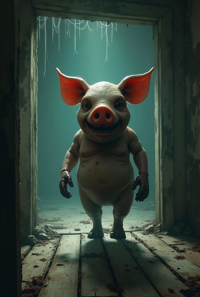 Abandoned village, room with humanoid pig zombie smiling at you while walking towards you