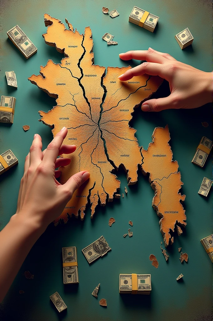 Create an image featuring a fragmented map of Bangladesh in the centre. The map should appear cracked and broken into several pieces, symbolizing division or damage. Above the map, draw two large hands reaching down towards it as if they are trying to control or manipulate the country. The hands should be menacing and convey a sense of power or dominance. Around the broken map, include scattered bundles of money, representing corruption or external financial influence. The overall atmosphere of the image should be serious and convey themes of exploitation, control, and fragility