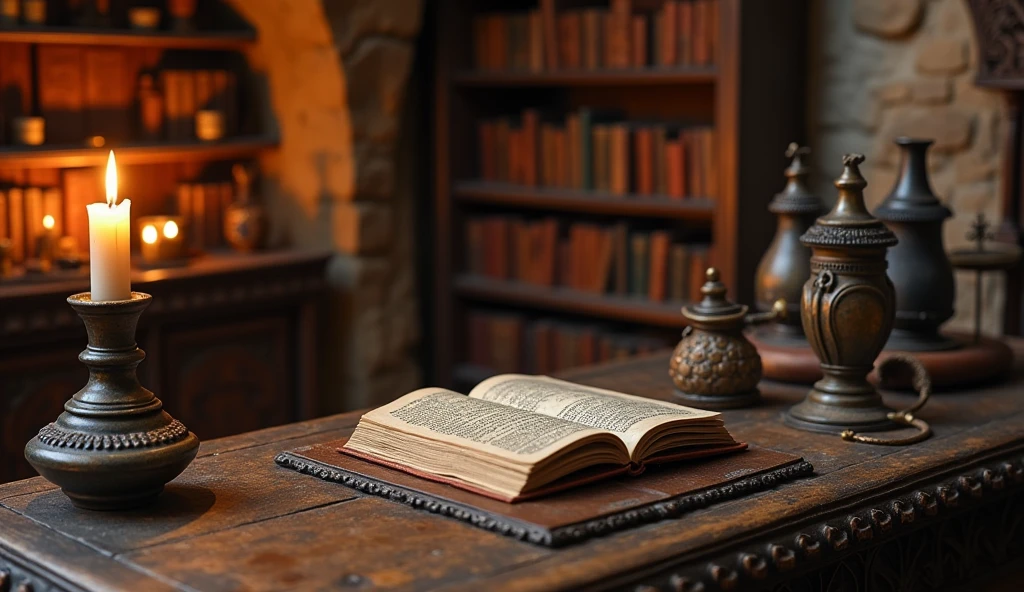 There is a candle and a book on the table，And a candle, Alchemist&#39;s Library Background, Magic Library, Exquisitely detailed miniature model, ancient library, Detailed scenery —width 672, High Detail photo, Small Library, Fantasy Alchemist&#39;s Laboratory, High Detail), gothic library, Ultra-detailed pictures, The wizard's apothecary, Gothic Epic Library, Magician&#39;s Chamber