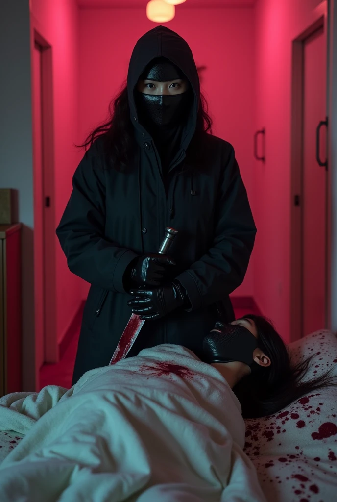 korean girl, (behind stiff, holding knife), stabbing, leather balaclava mask, black gloves, black raincoat, bloody knife, black gloves, woman on top, behind cadaver, blood splatter, on the bed, looking at viewer, mass murderer, killer, blood splatter, dark atmosphere, cinematic lighting, atmospheric realistic, [pink room:0.5]
