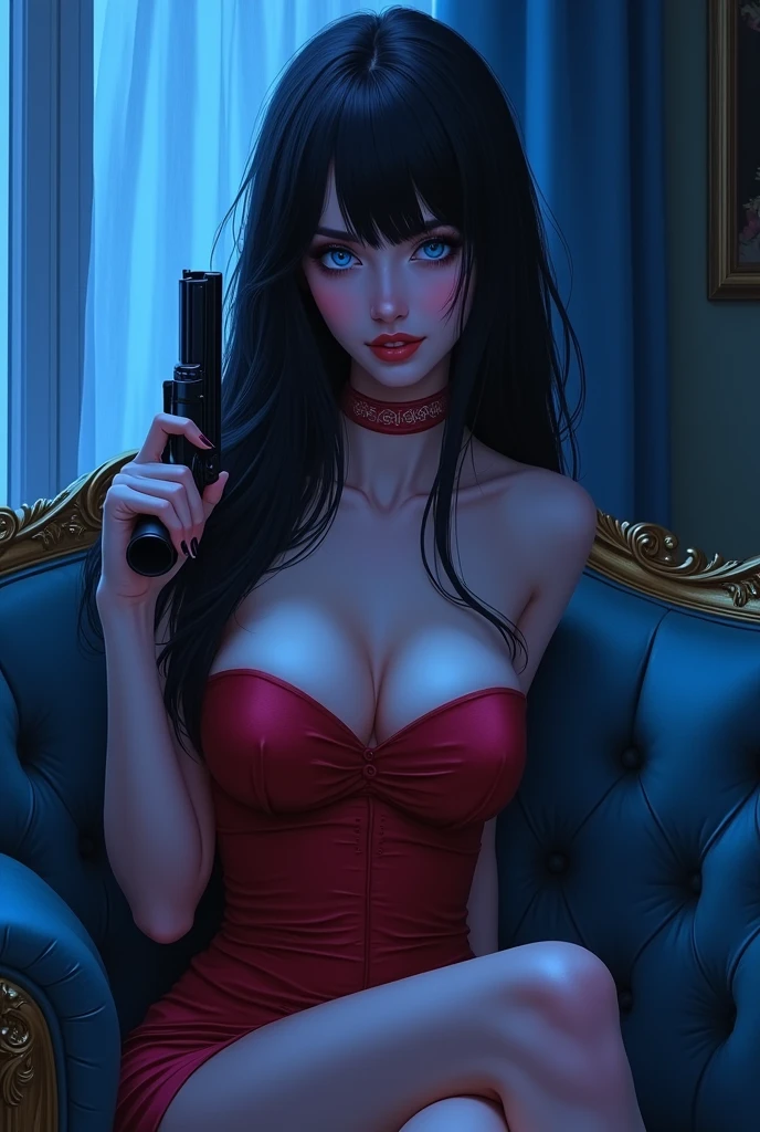 Illustration type image of an extremely beautiful woman with long jet black hair, very blue eyes, very pretty in a short, strapless red dress, sitting on a sofa, phosphorescent blue light, and a gun in his hand, blurred background