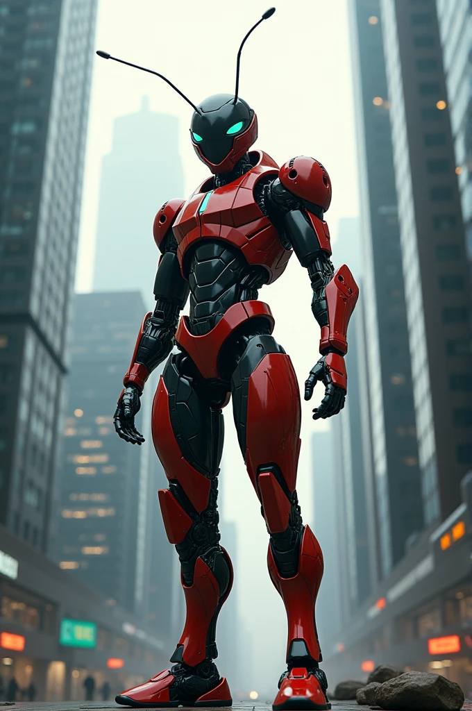 Ant standing between skyscrapers with Robot costume red and dark colur