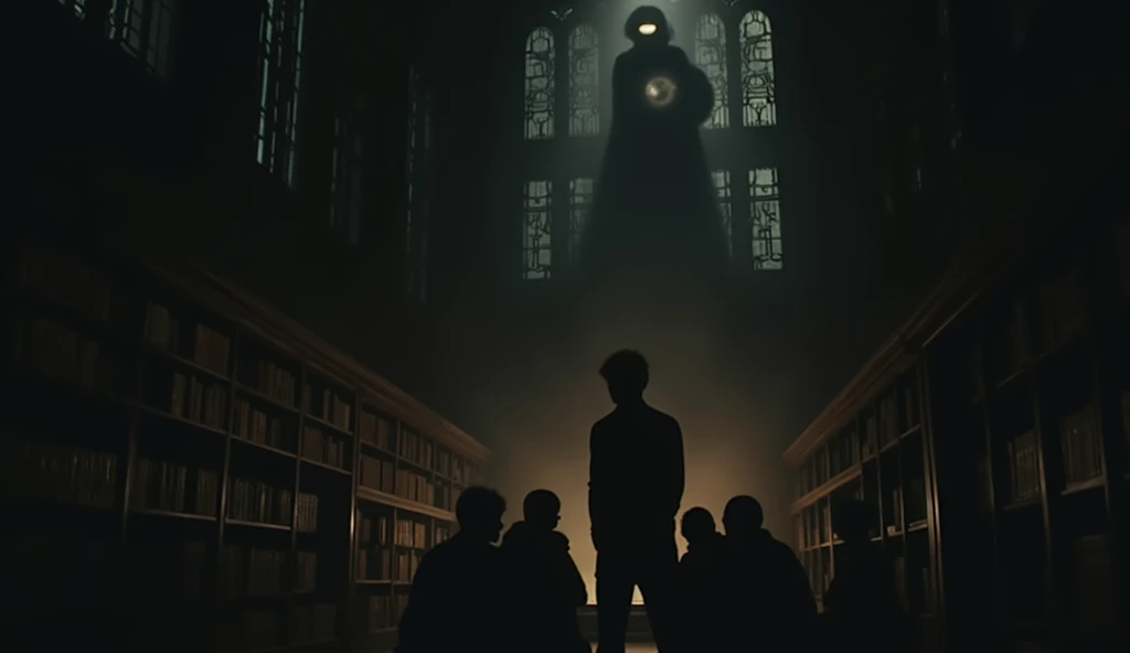 Inside a large, old library filled with tall, wooden bookshelves, the air is thick with the scent of aged paper. Several students are huddled together, whispering about strange occurrences, their faces a mix of fear and curiosity. The dim lighting casts long shadows, and in the background, a shadowy figure is barely visible moving among the bookshelves."