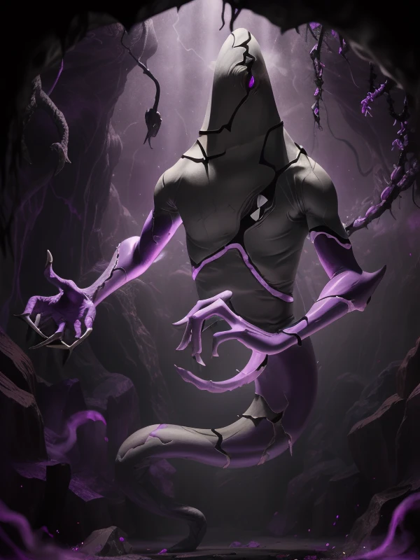 ghostfreak , full body, purple mana, purple shadows, purple smoke dark background, bright character, creepy monster, cave, masterpiece, best quality 