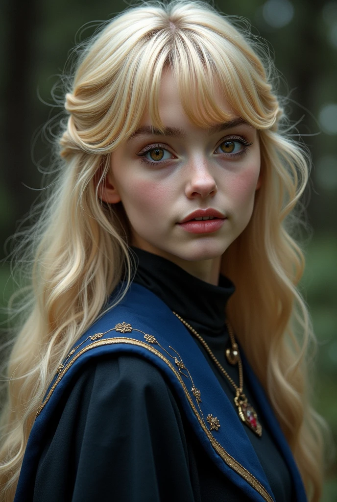 A girl extremely beautyfull her face(heart shaped delicate and extremely beautyfull , round eyes with long lashes in a ambar color, her lips in a pink shade a clean and pale skin ) her hair (long on the waist and blonde she have bangs and in the final of her hair some soft curls ) shes elegante and delicated the most feminine possible...she is a witch from Hogwarts her she uses the uniform from Ravenclaw.