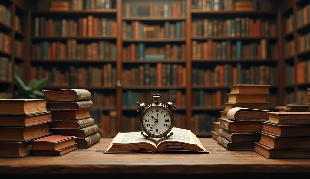 There are a lot of books on the table，There is a clock in the middle。, High Detail照片, Exquisitely detailed miniature model, High Detail, Gothic Epic Library, Tilt Shift Library Background, Ultra-detailed pictures, library of babel, Gothic Epic Library concept, Detailed scenery —width 672, Very detailed, the library of babel, Highly detailed composition, Alchemist&#39;s Library Background