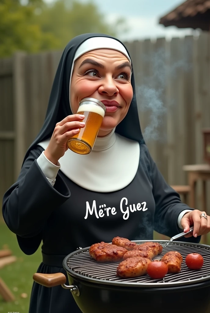 caricature humoristique d'une nonne qui boit des bieres en noir, qui fait un barbecue.
Son nom est cousu sur son uniforme. ECRIRE : " Mère Guez" sur son uniforme.