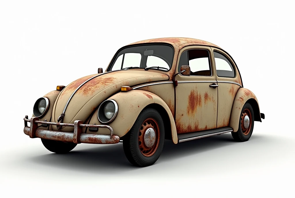 Create an old, rusty VW Beetle. The car should have a worn and aged appearance, with visible rust patches and corroded metal. The scene is set against a completely white background with no shadows. The Beetle should be fully rendered with sharp, high-quality details, emphasizing the texture of the rust and the aged surface. Ensure that the entire car is within the frame, with no parts cut off or outside the edges of the image, UHD, masterpiece, textured surface, super detailed, high quality, 8k.