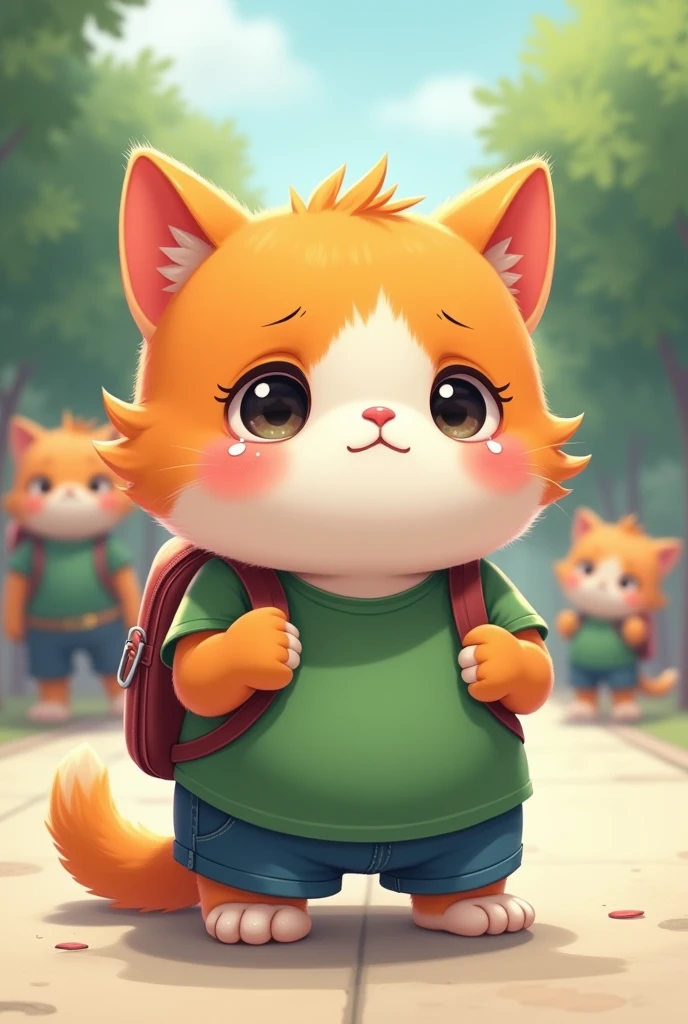 A detailed illustration of a chubby, anthropomorphic orange and white kitten wearing a green t-shirt and blue shorts. The kitten has a backpack and is crying with tears streaming down its cheeks, looking sad and forlorn. The background features an outdoor setting with other anthropomorphic animals in the distance, suggesting a school or park environment. The scene is brightly lit with soft, natural light, capturing the kitten's emotional expression.