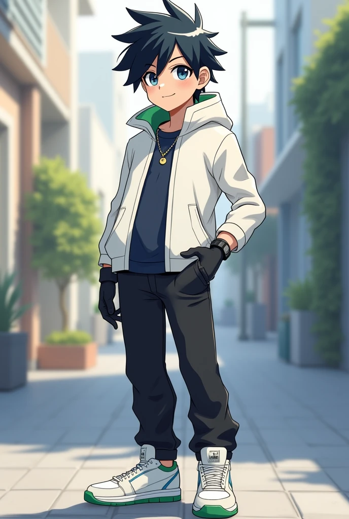 A male teenage character with short, black hair that is slightly spiky with a large fringe in the front., navy blue eyes, happy, Jaketa White jacket, black pants, white sneakers with green, and with black gloves.
