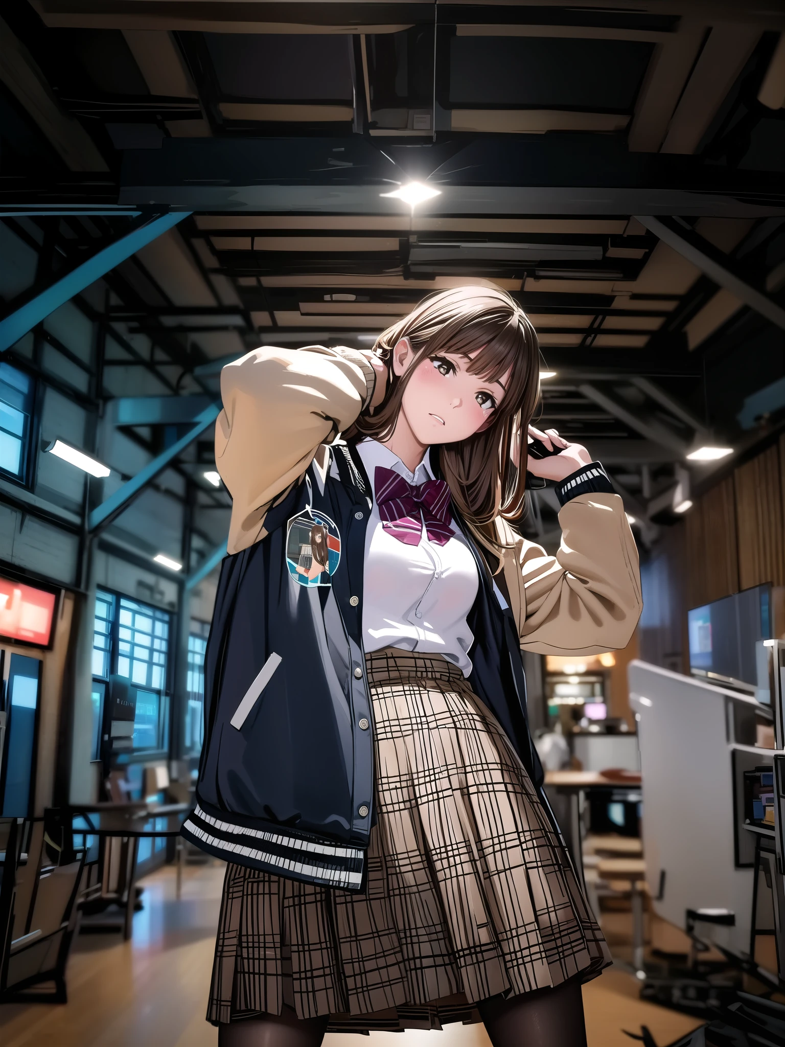 1girl, solo, long hair, breasts, looking at viewer, blush, bangs, skirt, brown hair, shirt, long sleeves, bow, brown eyes, medium breasts, school uniform, standing, jacket, white shirt, pantyhose, pleated skirt, parted lips, open clothes, collared shirt, indoors, bowtie, red bow, open jacket, plaid, black pantyhose, plaid skirt, chair, red bowtie, brown skirt, adjusting hair, shirt tucked in, computer, monitor