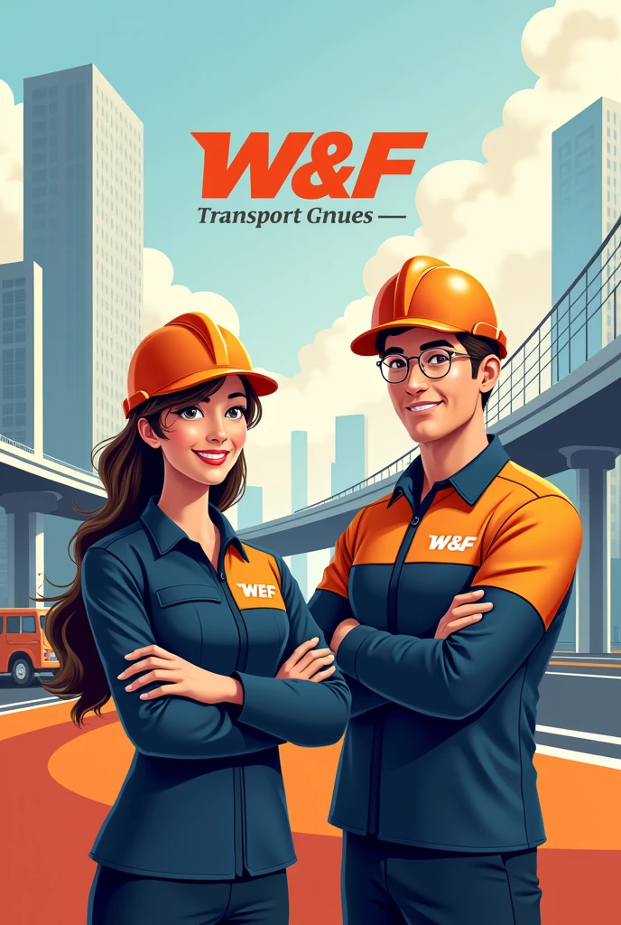 Can you make me a transport advertisement name the company W&F can you add a woman and a man with work clothes should be on the clothes our W&F stand