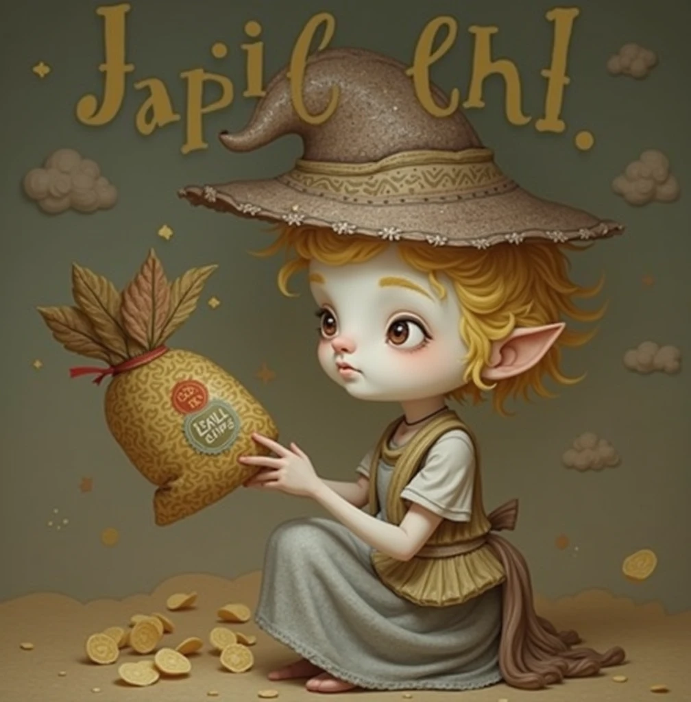 Make a hat and grap potato chips and behind her write a kripik kentang asulole