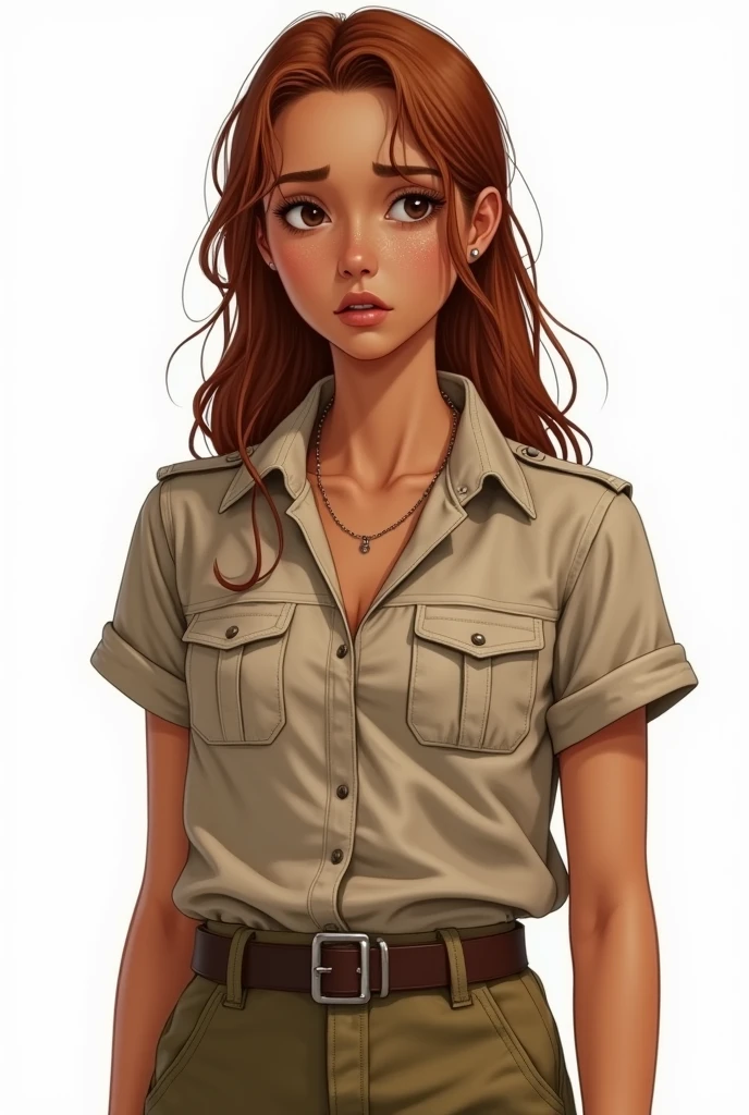 Create a hyper-realistic illustration of a young woman, skin tanned, marked dashes, eyes browns, and long hair, well combed back and coppery brown color, safari outfit, white background, fully body, no freckles, scared