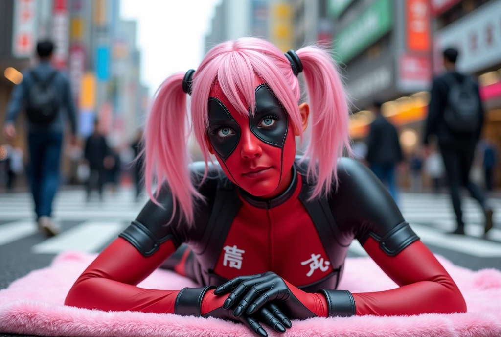 ((Highest quality)), ((masterpiece)), (photograph), (Japanese women), (Deadpool costume and makeup:1.5), (White letters on the chest「mu-mi」it is written like this:2), Deadpool woman with pink hair and twin tails、Lying on a pink bath mat at Tokyo's Scramble Crossing、Surrounded by passers-by。
